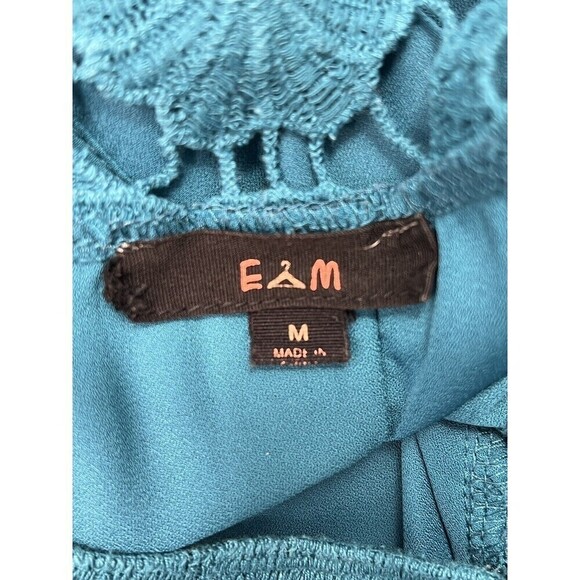 EAM Teal Embroidered Crocheted Floral Long Sleeve Blouse Size Medium Boho - Picture 9 of 11